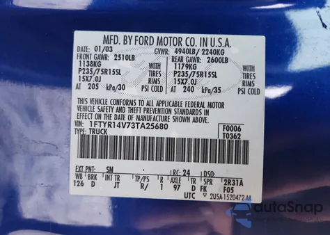 2003 Ford Ranger Super Cab z USA, uszkodzony, nr VIN 1FTYR14V73TA25680